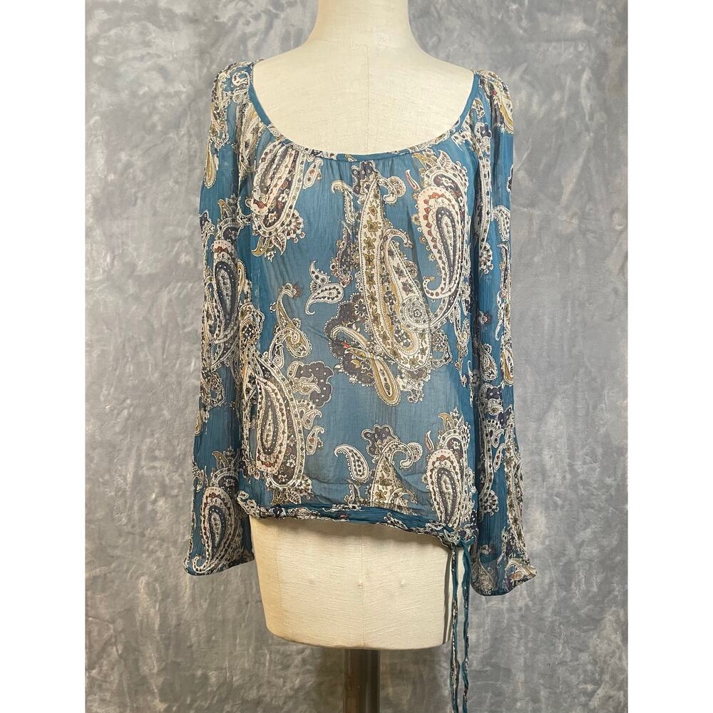VTG Lucky Brand sheer‎ chiffon paisley print long sleeve peasant blouse S boho